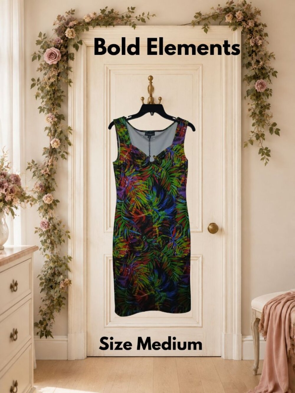 Bold Elements Colorful Tropical Leaf Jungle Midi Dress Multicolor Womens Medium